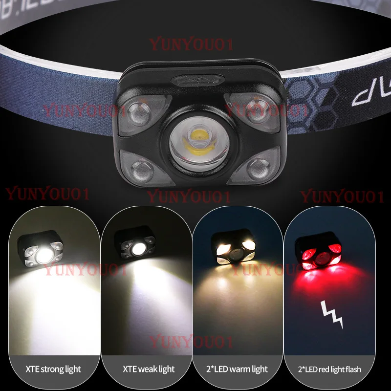LED Strong Light Headlight 5 Lights Red Light Warning Outdoor Lightweight Head-mounted Three Light Source Headlight