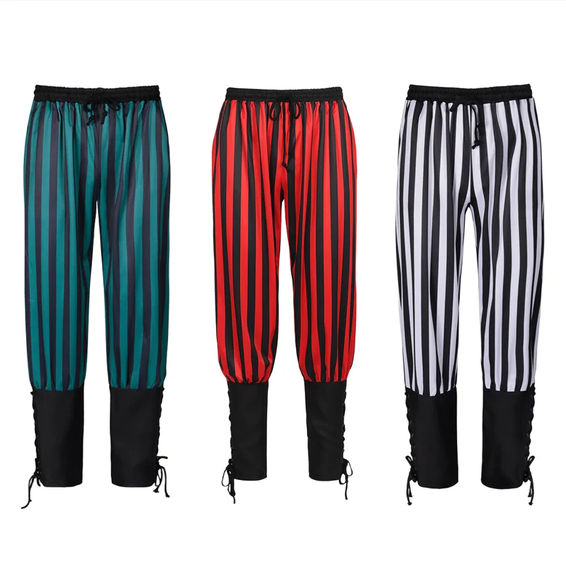 

Caribbean Men's Vintage Strip Pants Navigator Trousers Jack Sparrow Pirate Halloween Costume Medieval Outfit For Adult Black Red