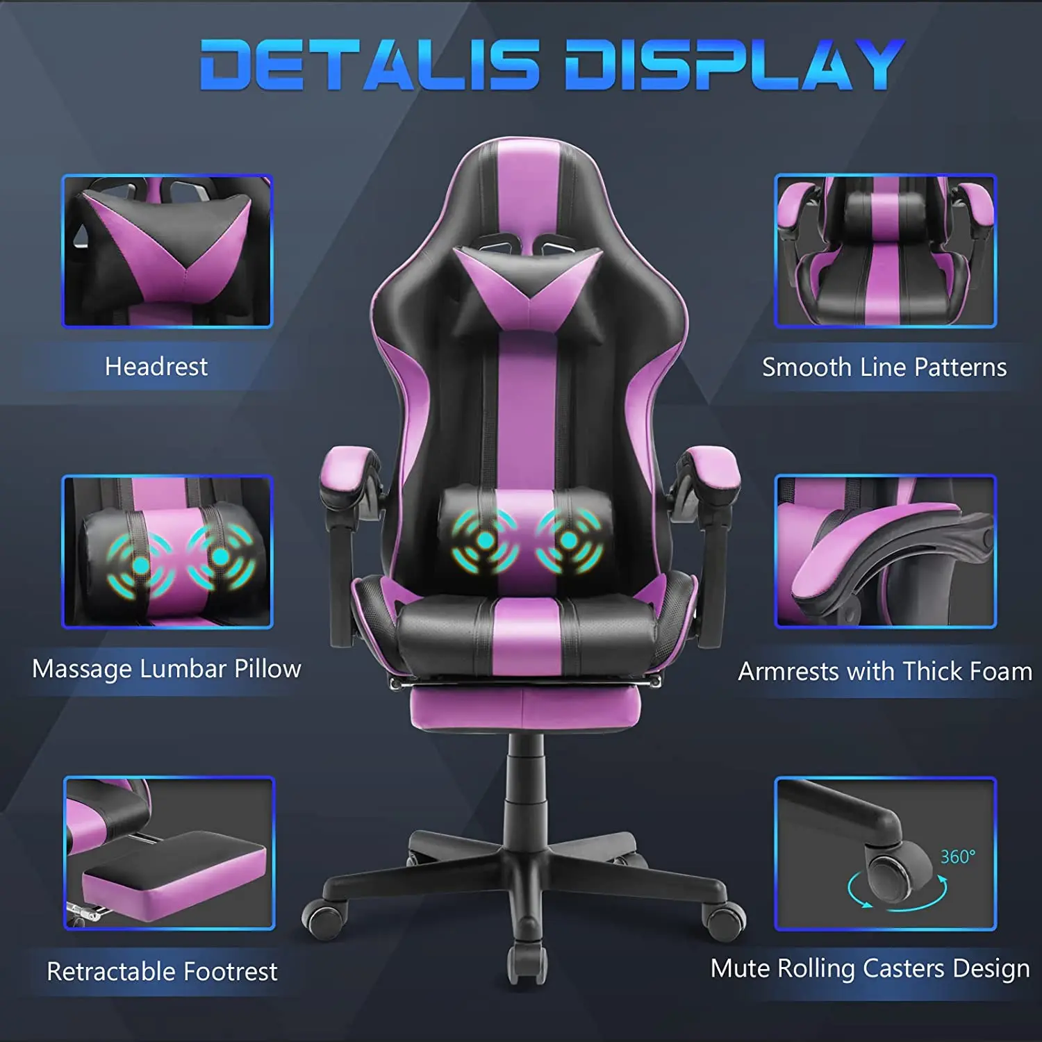 Modern Reclining Computer Racing Ergonomic Purple Massage Gaming Chair with Lumbar Pillow