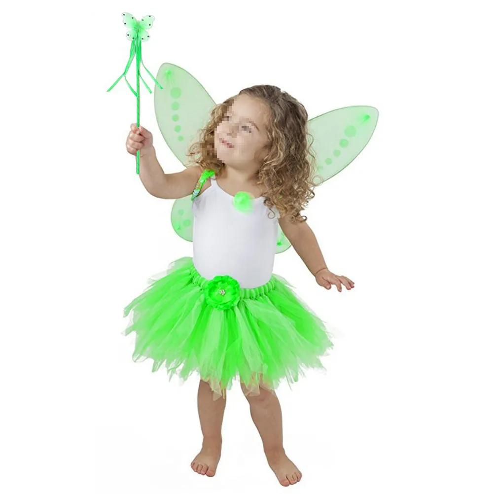 

3Pcs Fairy Dress Up Set Girls Size Green Tutu Wings Wand Durable Polyester Birthday Halloween Theme Party Costume