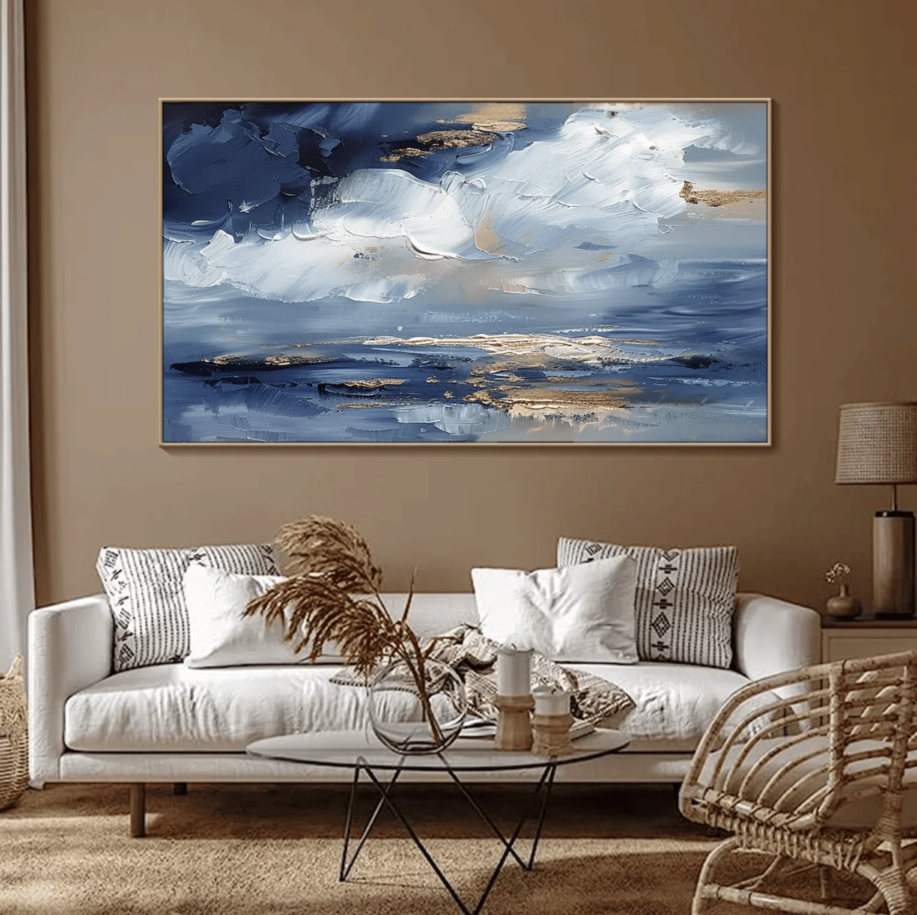 Thick Texture Blue Ocean Gold Foil Wall Art Canvas Prints Posters Decor, Abstract Seascape Cloud Art for Living Room Decor