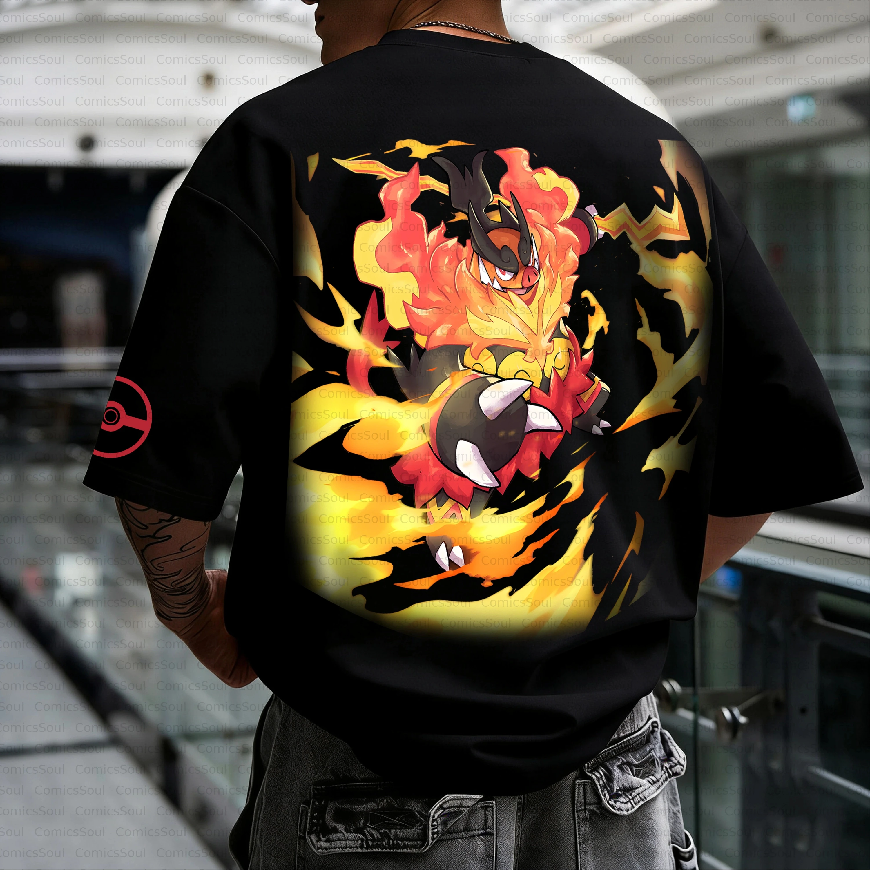 Camiseta de Algodón Pokémon Verano 2026 con Estampado Frontal de Personaje de Tipo Fuego Rojo y Negro, Corte Holgado, Ropa Casual Urbana para Hombre