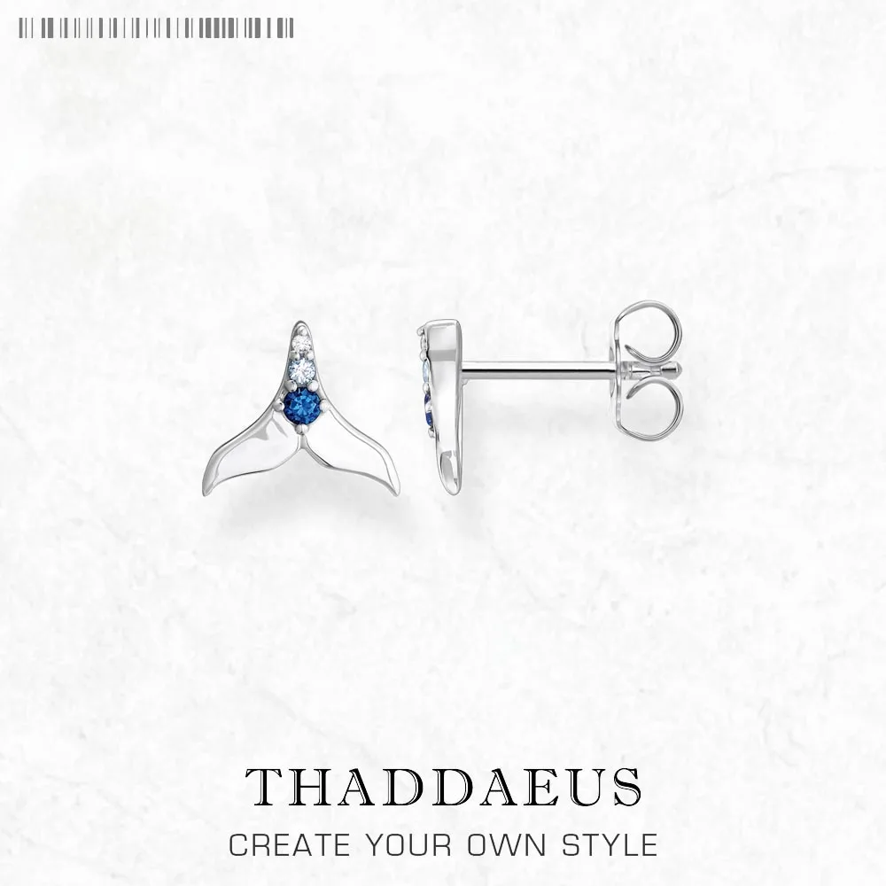 

Ear Studs Tail Fin With Blue Stones,Europe Style Fine Jewerly For Women Handcrafted Gift In 925 Sterling Silver