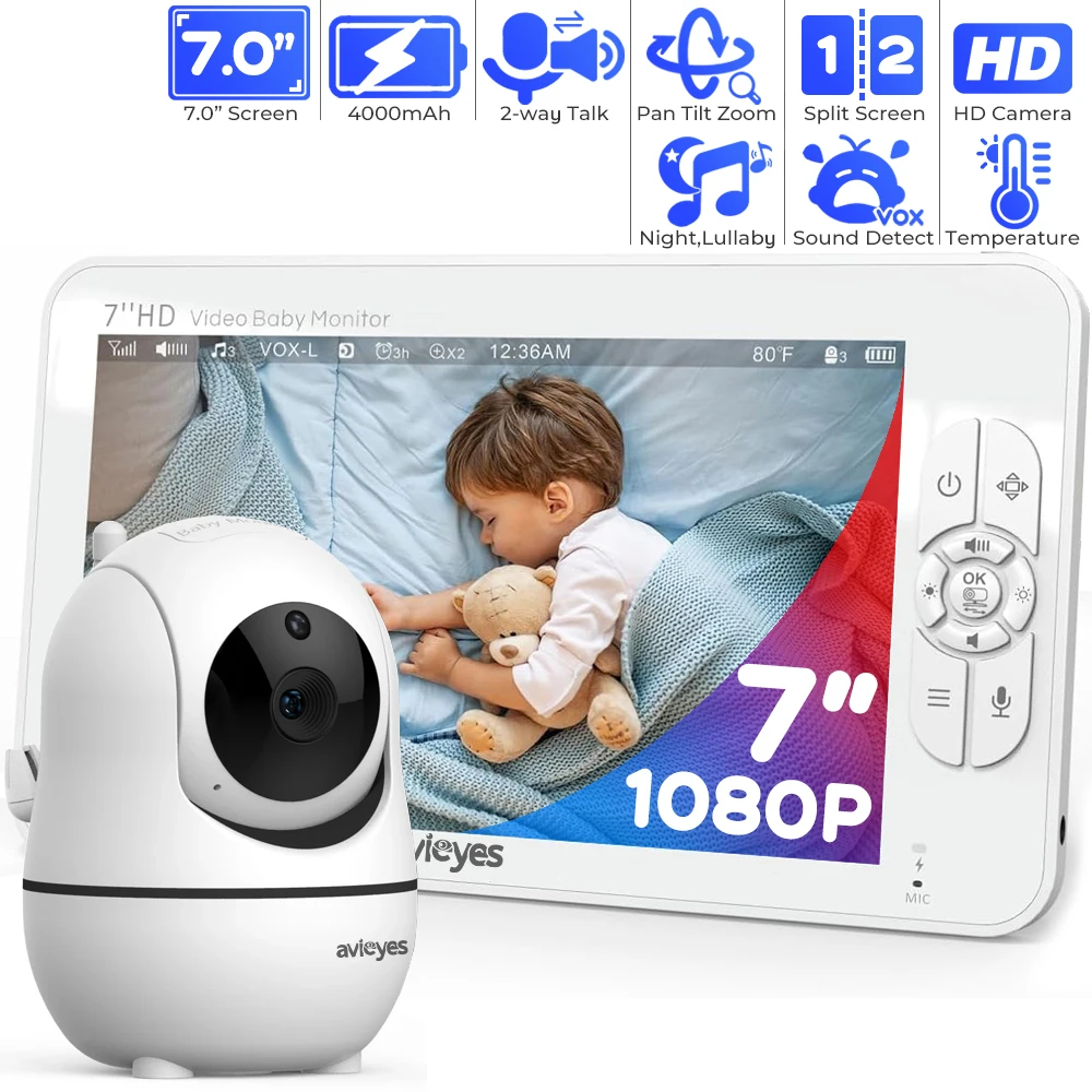 7 cali Niania elektroniczna z kamerą 1080p Pan-Tilt-Zoom Niania Monitory Rozmowa dwukierunkowa Wyraźne widzenie w nocy Telefon dziecka Brak WiFi Brak aplikacji Bateria 4000 mAh Tryb VoX Film o opiekunce do dziecka