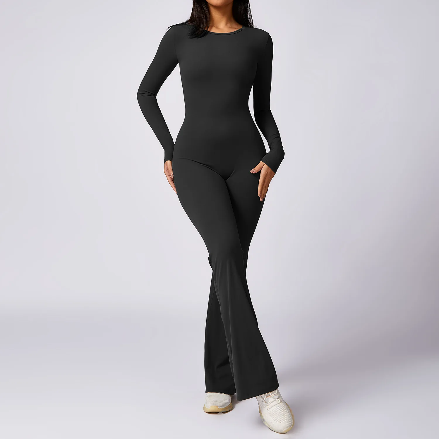 MODITIN-Macacão bonito feminino de ginástica, costas ocas, manga comprida, push up, calças lare, roupa casual da ioga, bodysuit, sexy, 1 peça, 2024