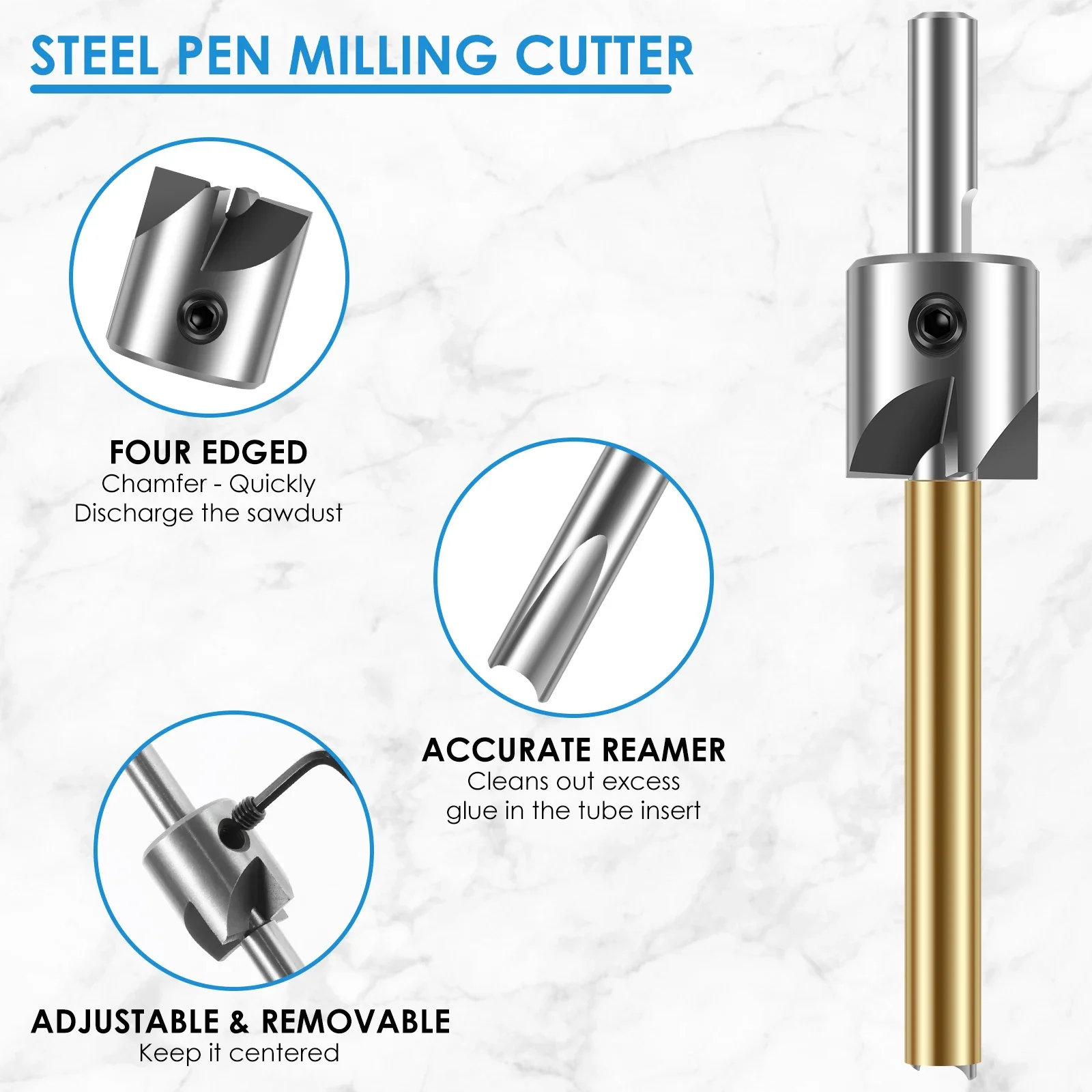 8Pcs Pen Barrel Trimmer Kit Sturdy Woodworking Mill Trimmer with 3/4inch Cutting Head Cutter Pilot Cutter Shafts with Hex Wrench