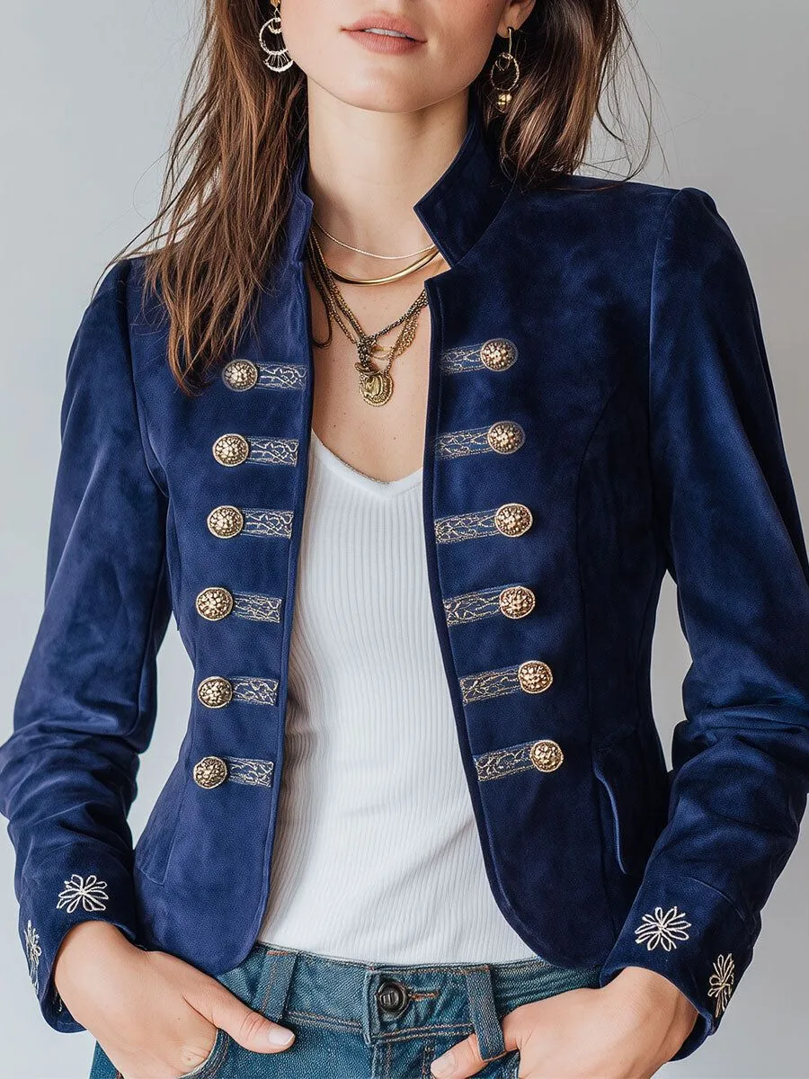 

Single Breasted Velvet Jacket for Women Stand Collar British Style Short Coat Long Sleeve Slim Casual Vintage Outerwear Autumn