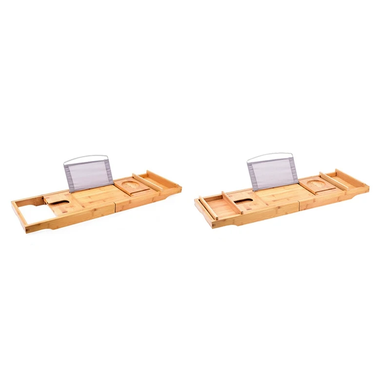 

1PCS Bamboo Expandable Bathtub Caddy Tray Bathroom Organizer With Cellphone Tablet And Wine Book Holder