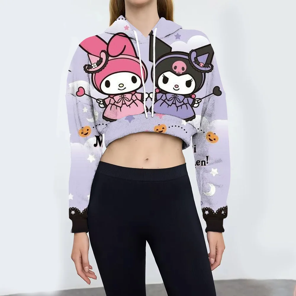 MINISO Hoodies Fashion Coulomi Hello Kitty 3D Print Hoodie Women Fashion Belly-revealing short Pullovers Hooded