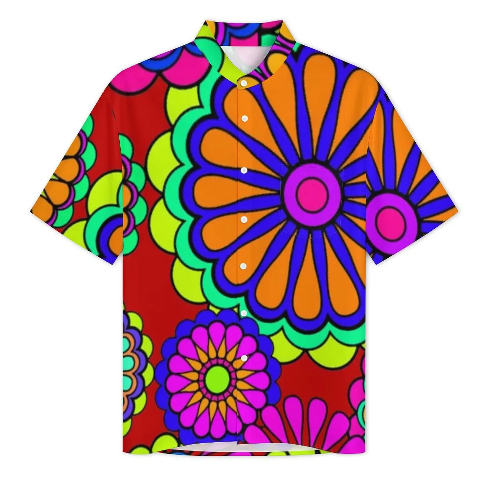 Colorful Flower Power Summer Shirt Male Beach Retro Style Hippy Casual Shirts Short Sleeve Breathable Elegant Oversize Blouses