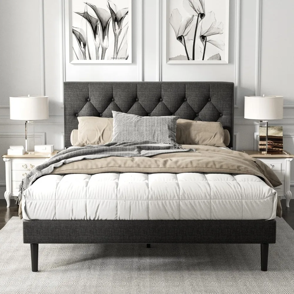 

with Upholstered Button Tufted Headboard, Mattress Foundation with Wooden Slat Support, Noise Free, No Box Spring Needed,