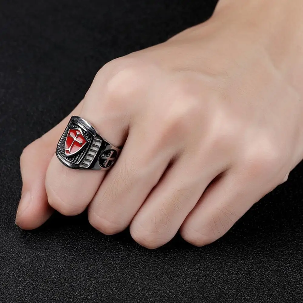 Massive Men\'s Templar Finger-ring With Cross Shield Symbols Signet Army Rings For Men Stainless Steel Battlefield Origins