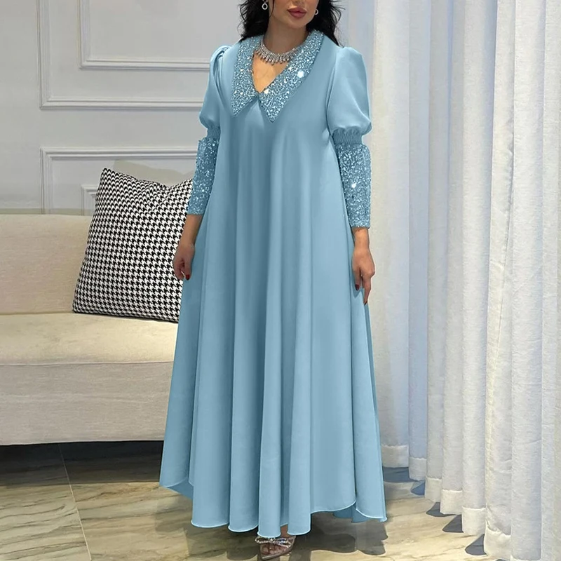 Ethnic Sequins V Neck Muslim Women Dresses New Spring Pure Loose Party Long Dress Robe Vintage Femme Lantern Sleeve Autumn Dress