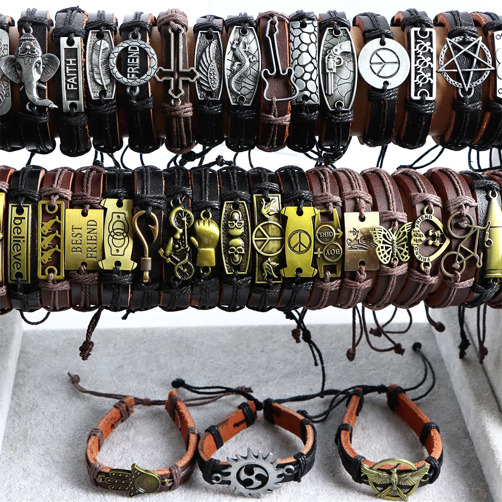 10/20/36/50/100 Pcs/Lot Vintage Bangle Cuff Retro Metal Charm Star Leather Bracelets Jewelry For Women Men Friend Gift Wholesale