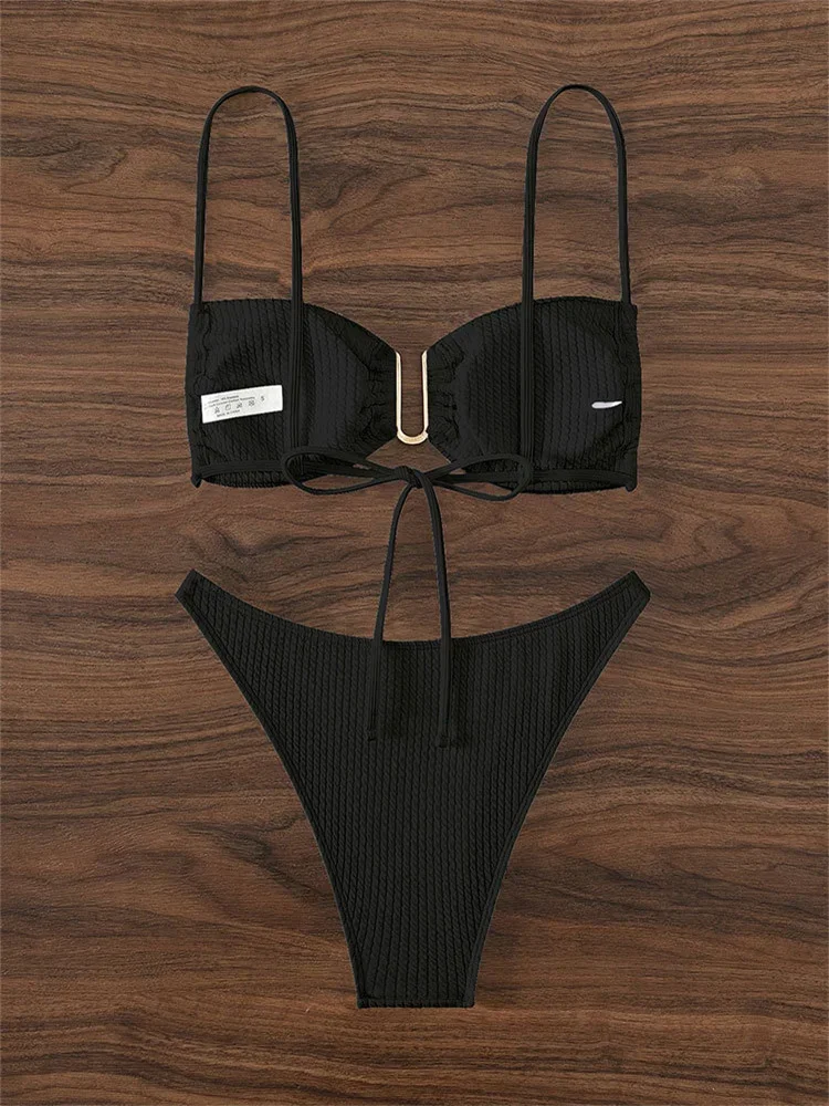 Sexy U-hals Bikini Set Vrouwen Effen Wit Zwart Push Up Geplooid Micro Badpak 2024 Braziliaanse Uitgesneden Badpak String Badmode