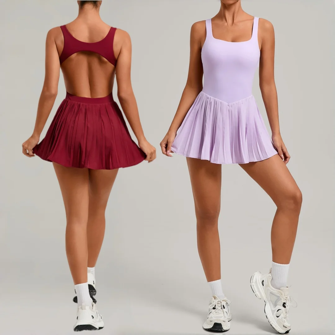 

Tennis Dress Sports Fitness Halter Backless Golf Badminton Tennis Running Dress Anti-light Workout Gym Pleated Yoga Dress