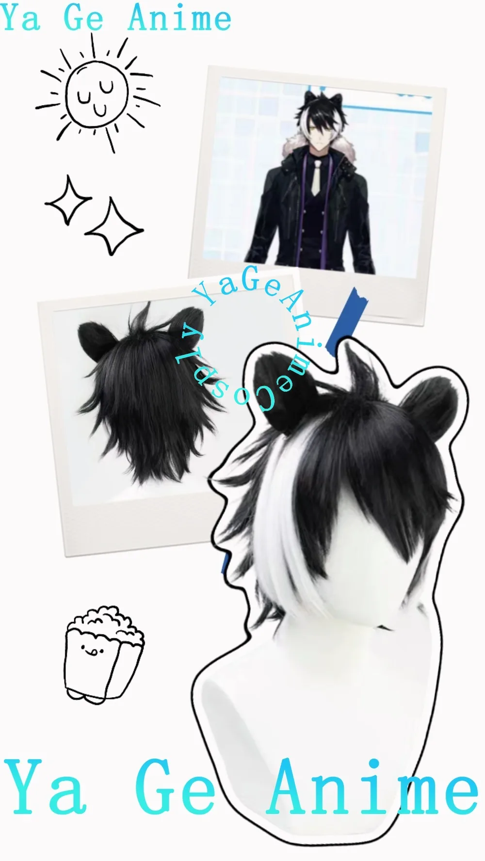 

Парик для косплея Ya Ge Anime Hololive Holostars Kageyama Shien с ушками, 3-е поколение, в стиле босса мафии, черно-белый, короткий, термостойкий