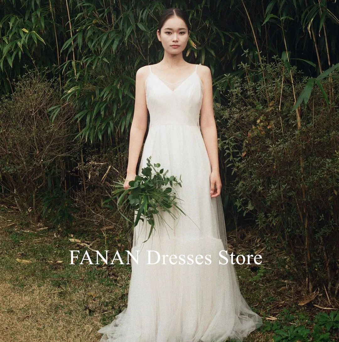 

FANAN Spaghetti Korea Ivory Backless Ruched Wedding Dresses 웨딩드레스 Tulle V-Neck Custom Made Pretty Bride Gowns Plus Size