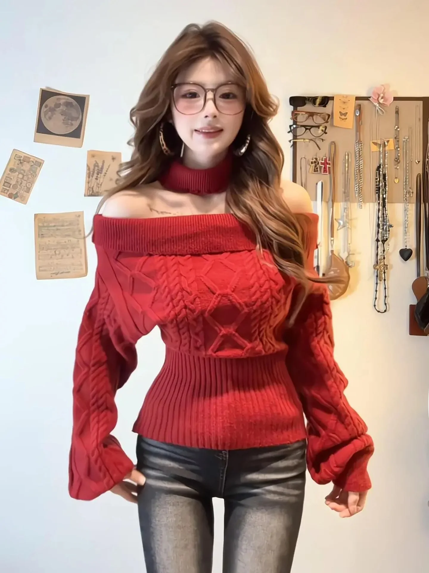 

Красный вязаный топ на одно плечо, женский модный зимний новогодний специальный мягкий теплый длинный све, круглый цвет Ne, повседневная одежда