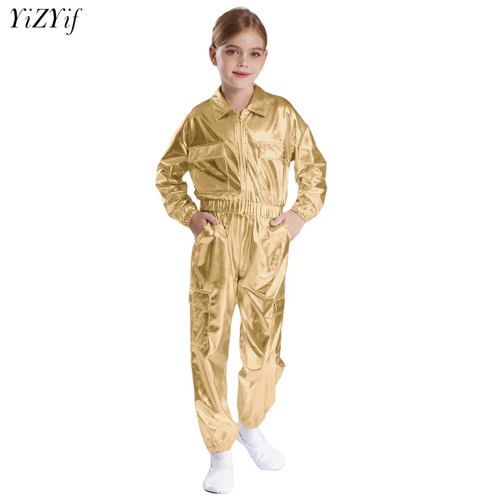 Cool Bright Metallic Street Dance Costume Kids Jazz Fashion Clothes Set Boys Girls Hip Hop Jacket Tops Pants Runways Show Outfit