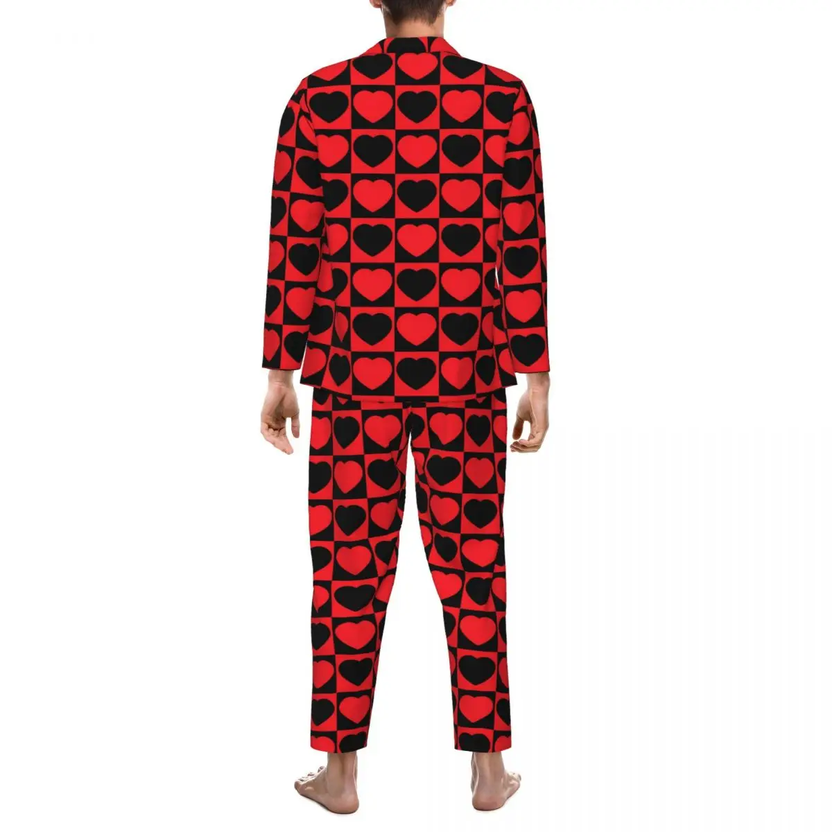 Valentijn Harten Pyjama Sets Zwart En Rood Schattige Nachtkleding Heren Lange Mouwen Retro Dagelijks Tweedelige Nachtkleding Plus Maat