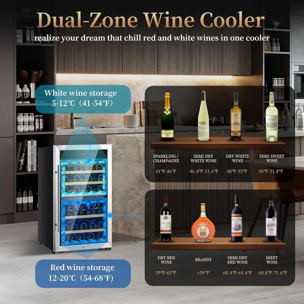 Dual Zone Refrigerador de Vinho Autoportante, Refrigerador Vinho, Wine Fridge, Bordeaux, 750ml, 52 Garrafas