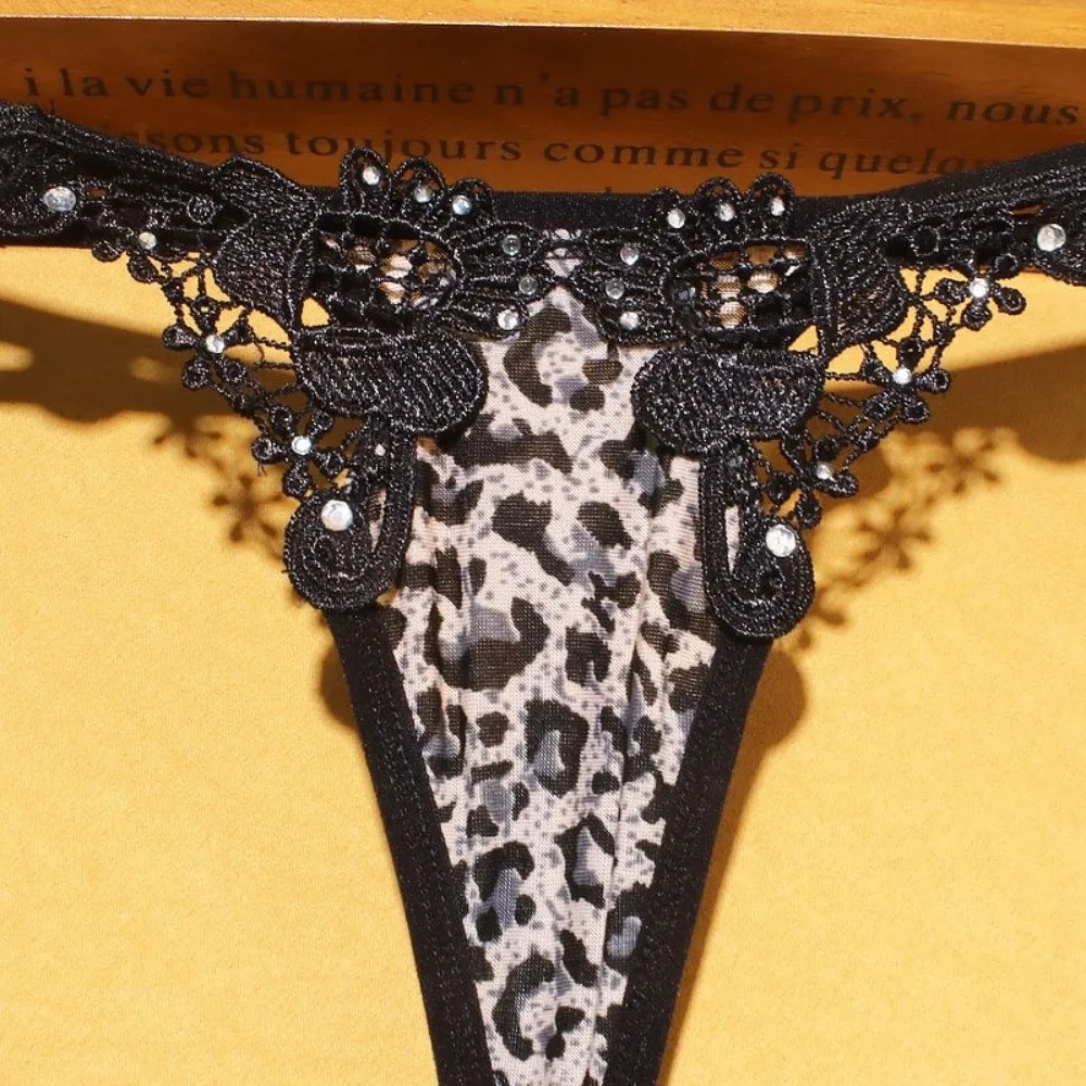 Patchwork Low Waist Leopard-print Underwear Lingerie Ice Silk Lady's Thong Hollowed-out Seamless Lace Triangle Panties Female