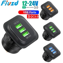 12V/24V Triple USB C Car Charger Socket USB Outlets QC3.0 PC PlasticCar Socket Adapter for Car Boat Marine Motorcycle
