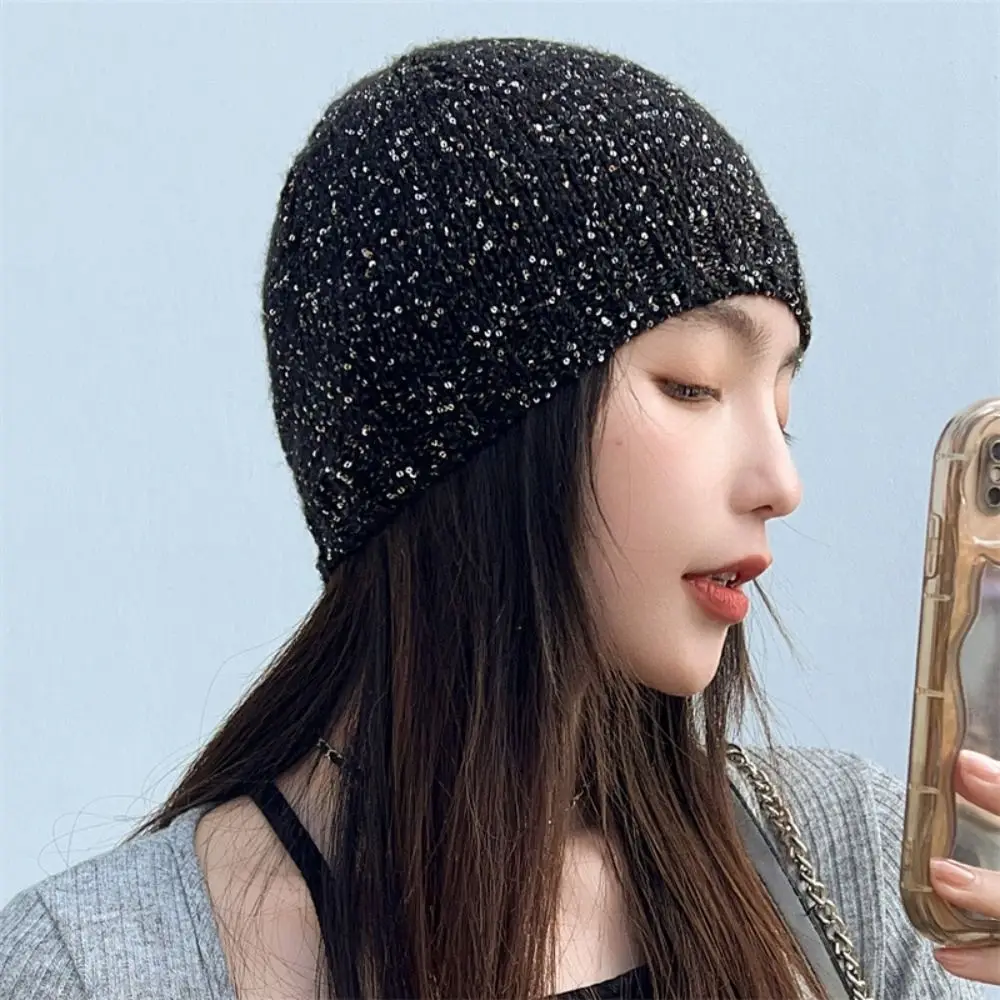 หมวกบีนนี่ผูกโบว์หวานๆ สีดำ หมวกไหมพรมปักเลื่อม หมวกไหมพรม หมวกถักสไตล์เกาหลี ให้ความอบอุ่น