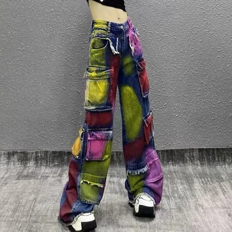 Painted Tie Dye Multi Pockets Cargo Jeans for Women All-match New Spring Autumn Hot Chick High Waist Floor-length Denim Pants
