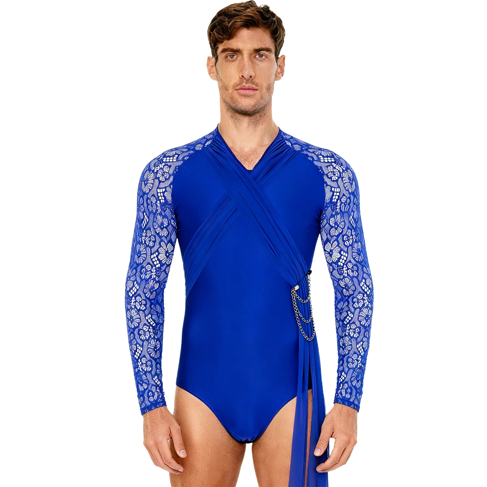 

Mens Gymnastics Ballet Tights Latin Dance Bodysuit Shirt Costume Sheer Floral Lace Ruched Mesh Chain Tassel Leotard Jumpsuit