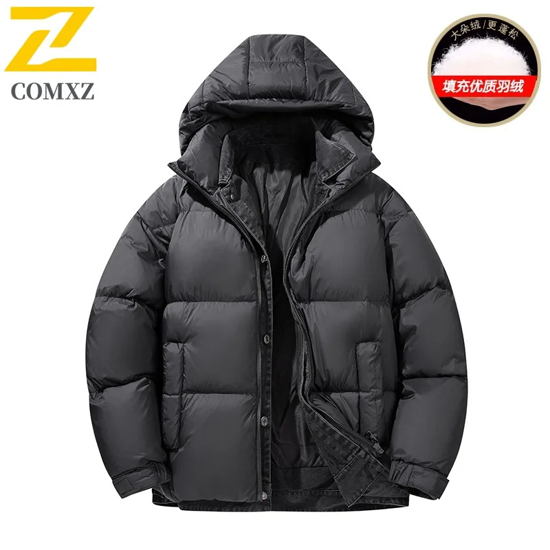 COMXZ Trendy Hooded Down Jacket Unisex Fake Two-Piece Korean Fashion Style Coat Climbing Plus Size Winter Wear Puffer Jacket
