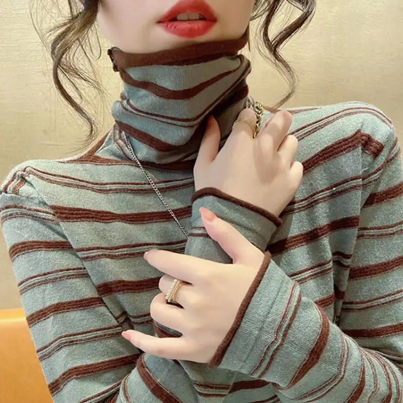 Fashion Double Faced German Velvet Striped Sweaters Women New Classic Long Sleeve Turtleneck Interior Lapping Bottoming Shirt