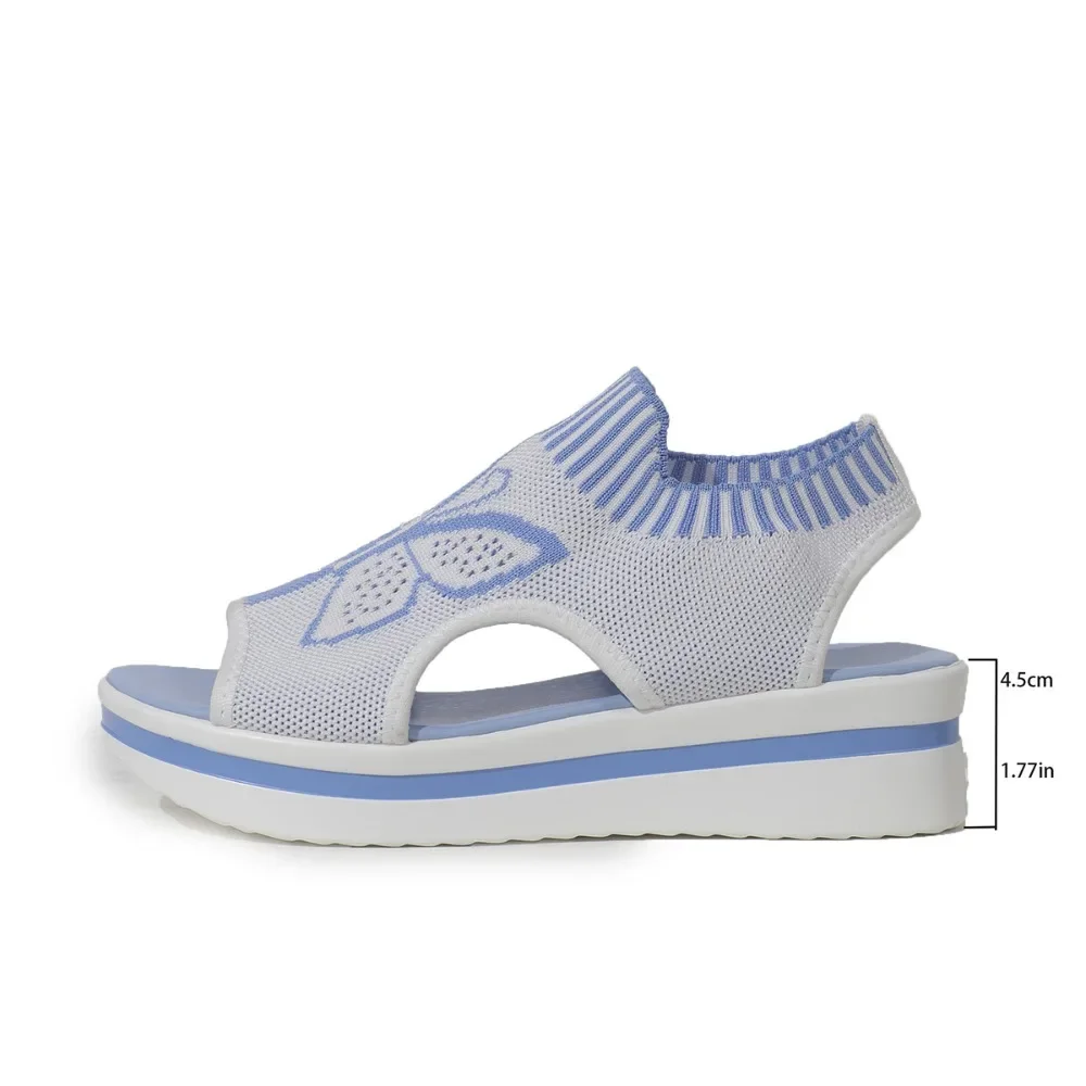 Women Knit Platform Wedge Sandals Butterfly Print Open Toe Hollow Out Slip on Thick Sole Summer Casual Ladies Walking Sandals - view 6