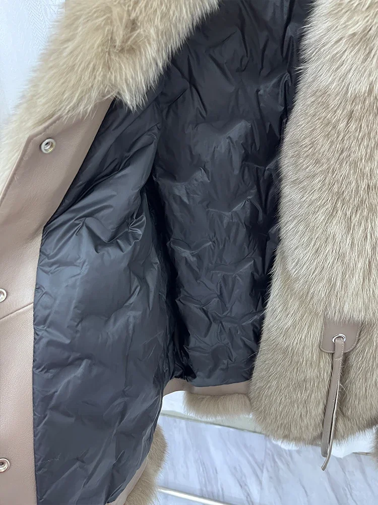 2024 New Women Winter Real Natural Fox Fur Coat Jacket Goose Down Jacket Genuine Leather Luxury Thick Warm Female Coats