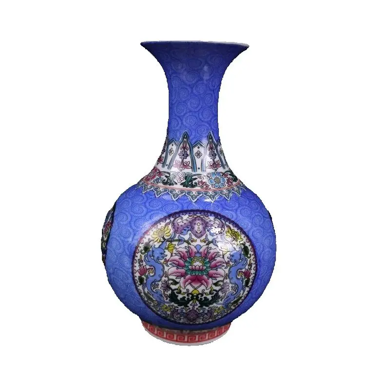 

Chinese Old Porcelain Vase with Blue Bottom And Flower Pattern Enamel Antique Decorative Piece