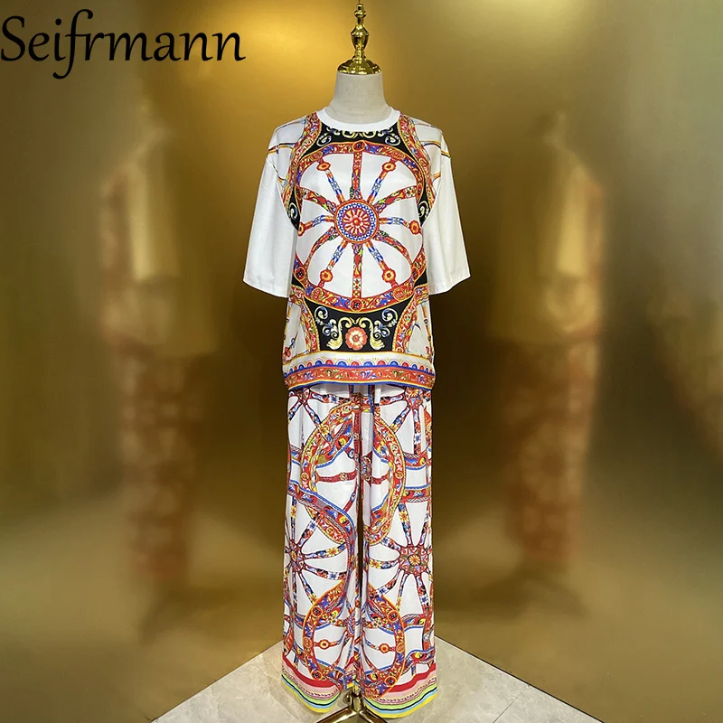 Seifrmann Casual printed silk two-piece round neck short-sleeved top high-waisted trousers suit 2026 summer new women's clothing