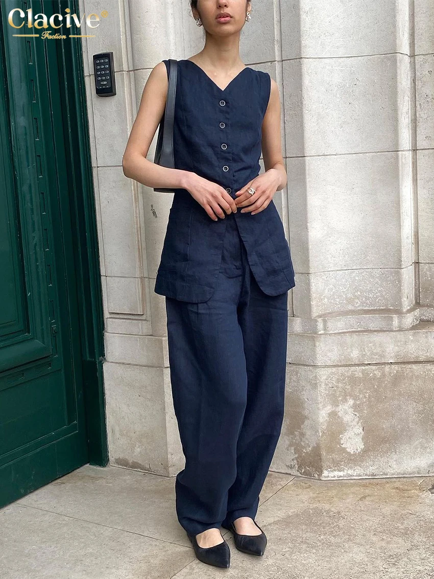 Clacive Summer Slim Navy Blue Cotton 2 Piece Sets Women Outfit 2024 Fashion Sleeveless Tank Top With High Waist Wide Pants Set