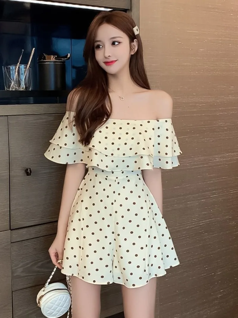 

Summer New Korean Version Jumpsuit Women's Ruffle Edge One Shoulder Chiffon Polka Dot Rompers Shorts Set Female Clothing