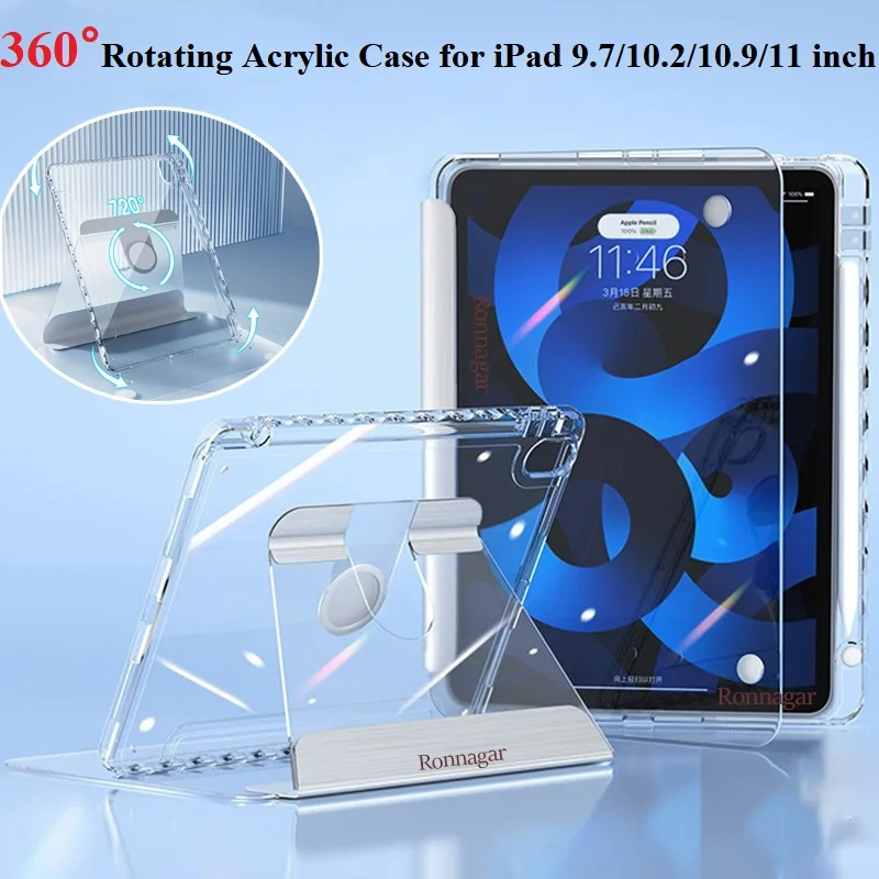 Clear Case For iPad Case 9th 10th Generation Pro11 Pro12.9 Pencil Holder Case for iPad Air5 4 10.9 7/8/9 10.2 360° Rotation Case