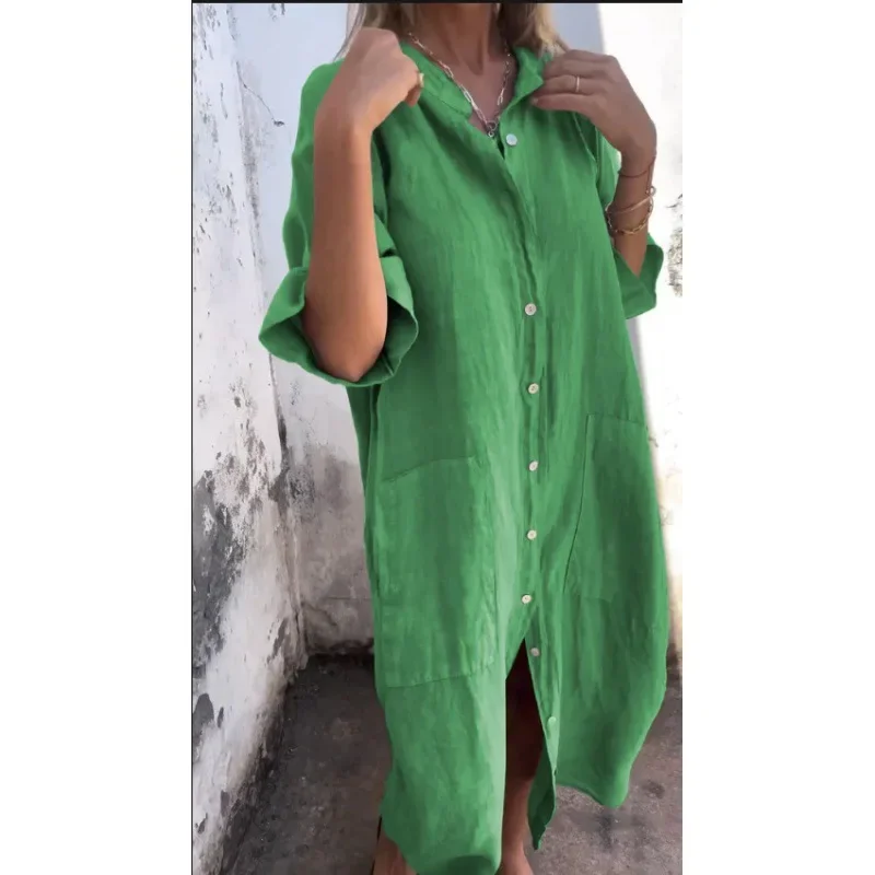 Vestido camisero holgado de lino y algodón para mujer, traje informal de Color liso con bolsillos grandes, primavera y verano, 2024