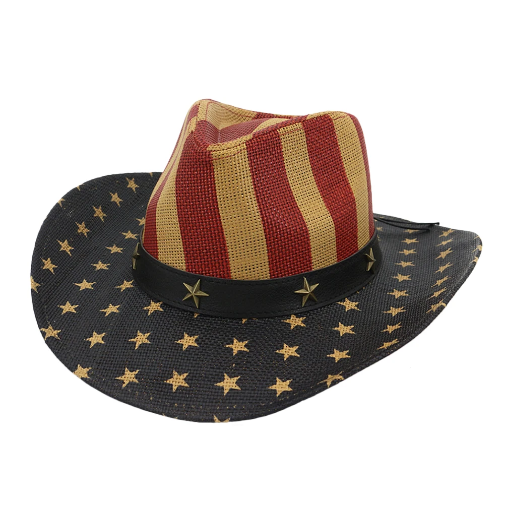 

1pc Cowboy Hat Straw Woven Sun Protection Fashion Accessory American Flag Hats Patriotic Decorative Multi-functional Retro