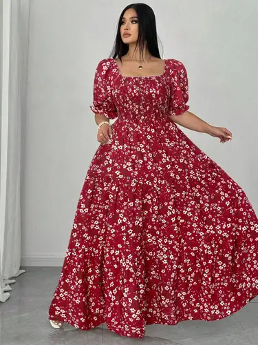 Vestido casual floral de talla grande para mujer, tejido ajustado, cómodo para primavera y otoño, moda