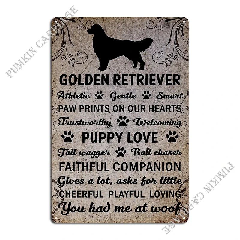 Golden retriever sinal de metal enferrujado decoração da parede caverna retro estanho cartaz