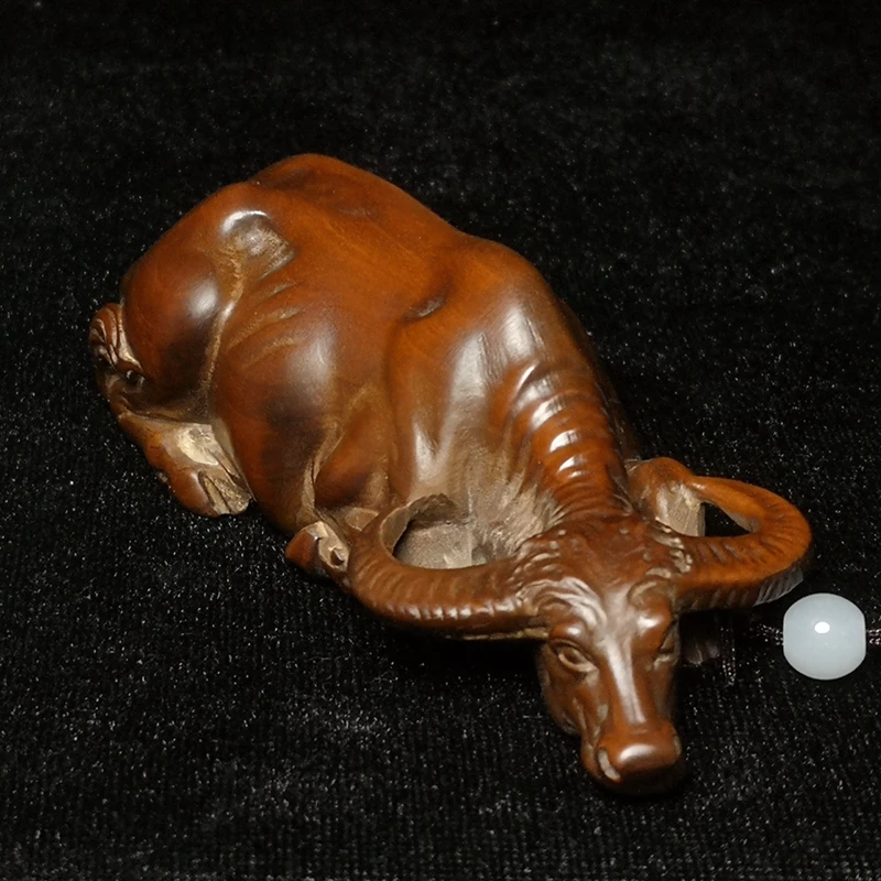 YIZHU CULTUER ART L 10 CM Chinese boxwood hand carved buffalo Bull figurine statue decoration Gift