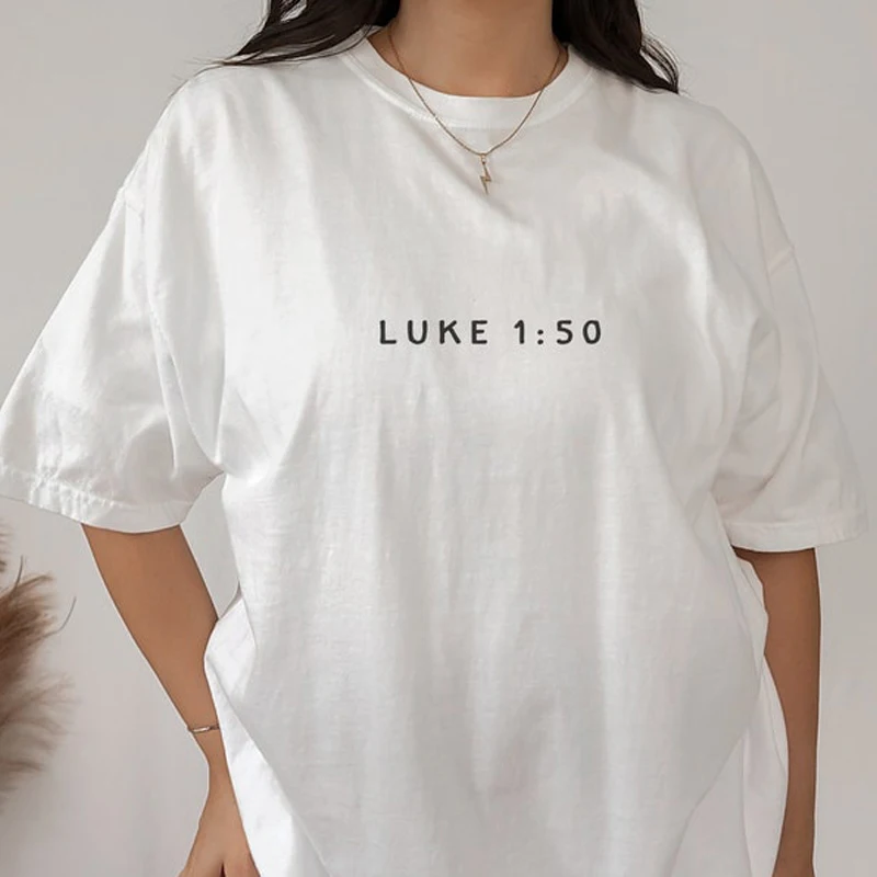 Luke 1:50 Personality Slogan Tee Christian Bible Verse Y2k Tees Female Short Sleeve T-shirt Custom Top