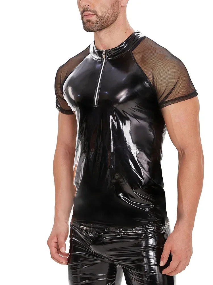 Super Cool Biker Mesh Shirt Patchwork Leather Top Black Sexy Slim-fit Men's Leather T-shirt Men's Zipper Leather Shirt T Shirts