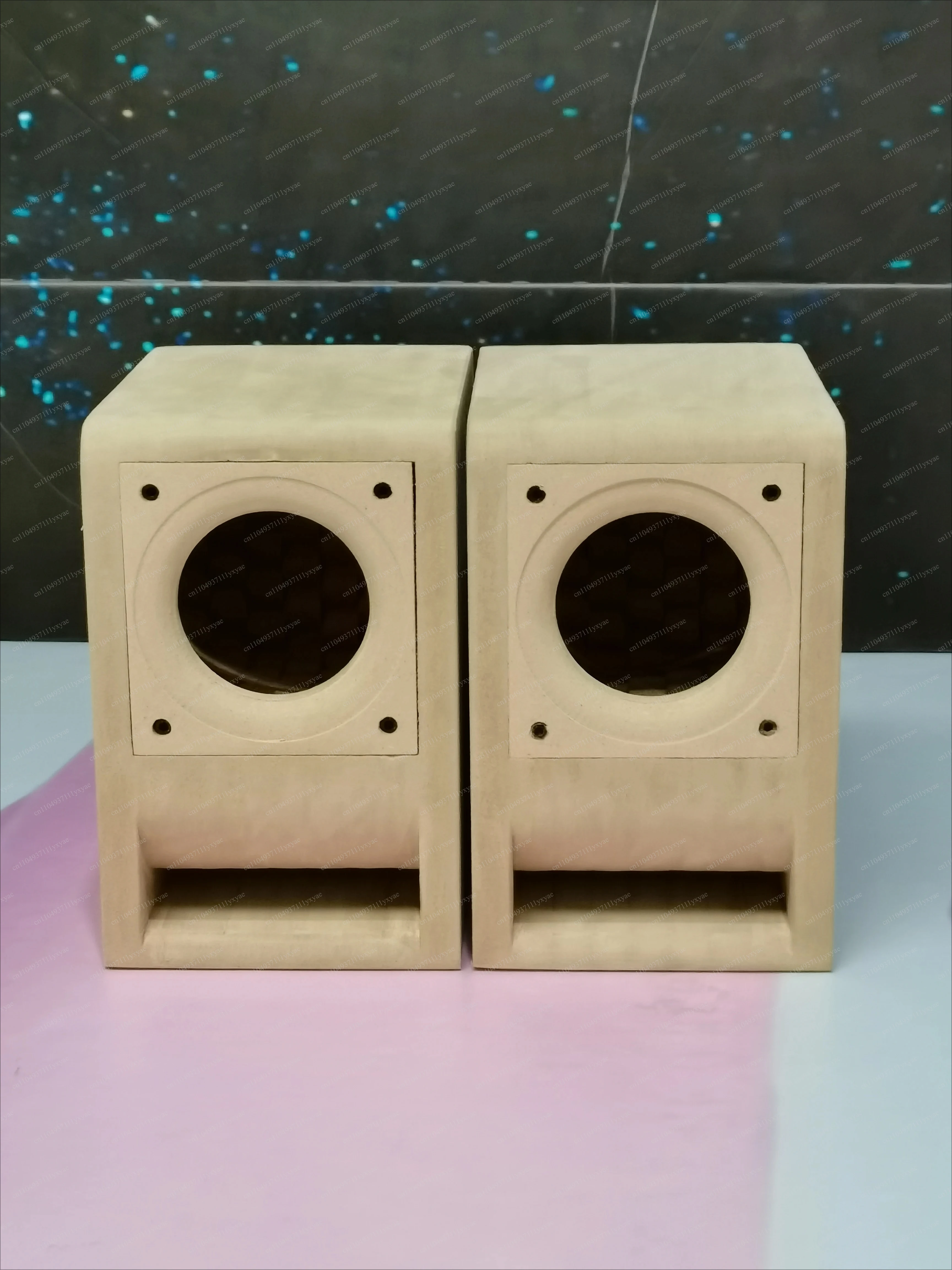 

Wooden speakers, computer desktop empty box, bookshelf, a pair of stereos