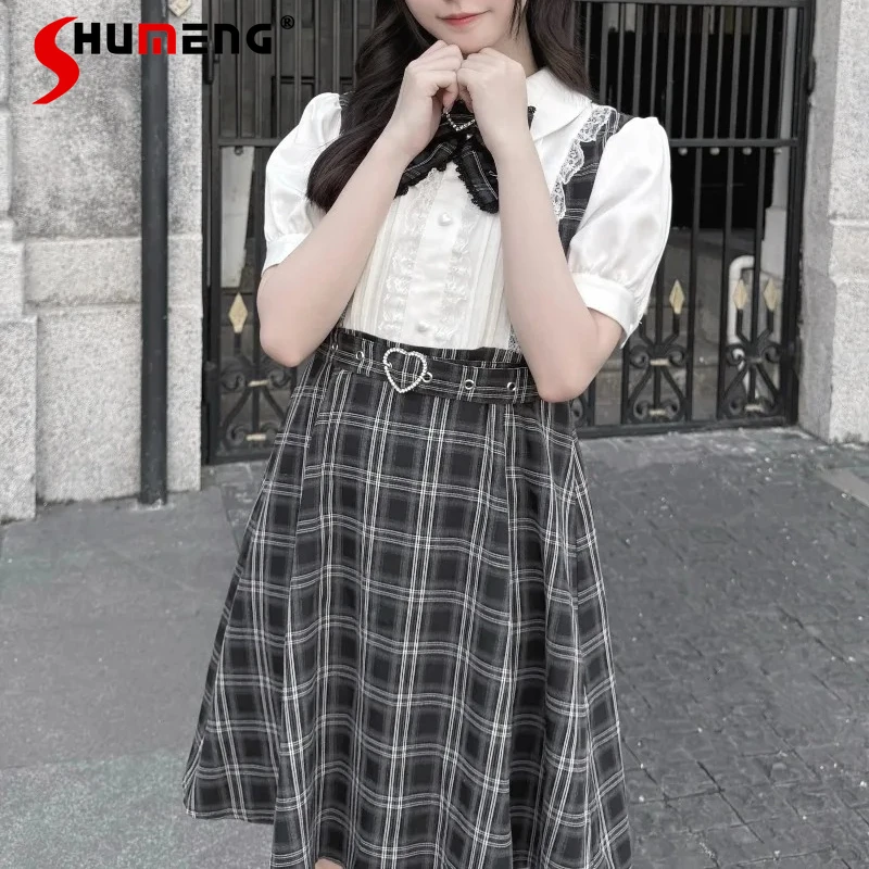 

Japanese Lolita Mine Series Single-Breasted Turn-Down Collar Dress Kawaii Clothes Cute Short Sleeves Color Block Lace Vestidos