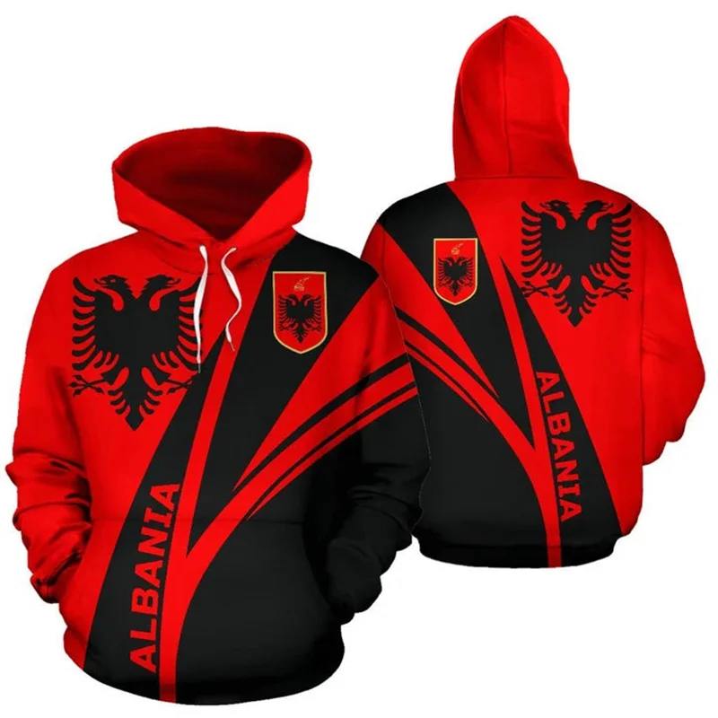 3D Printed Albania Flag Map Hoodies For Men National Emblem Graphic Pullovers Casual Hooded Loose Tops Sweatshirts Long Sleeves